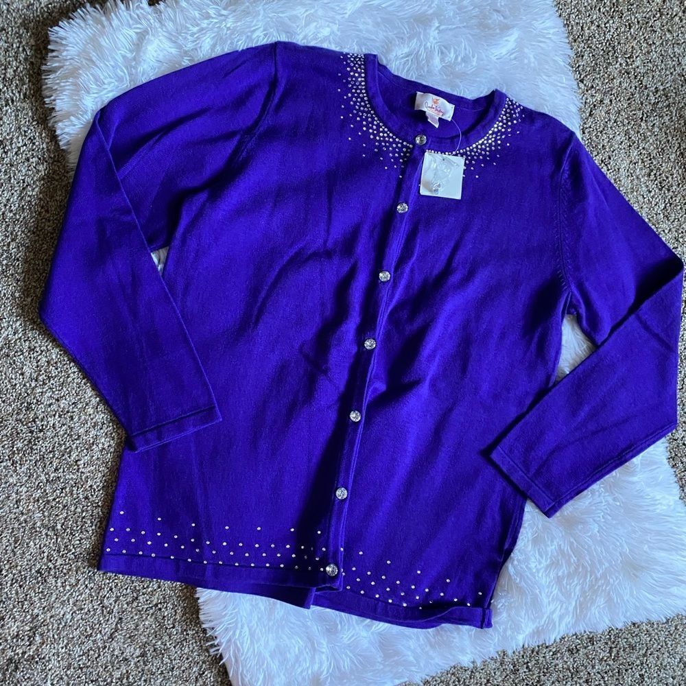 Quacker Factory Purple Rhinestone Button Front Sweater NEW Size Small